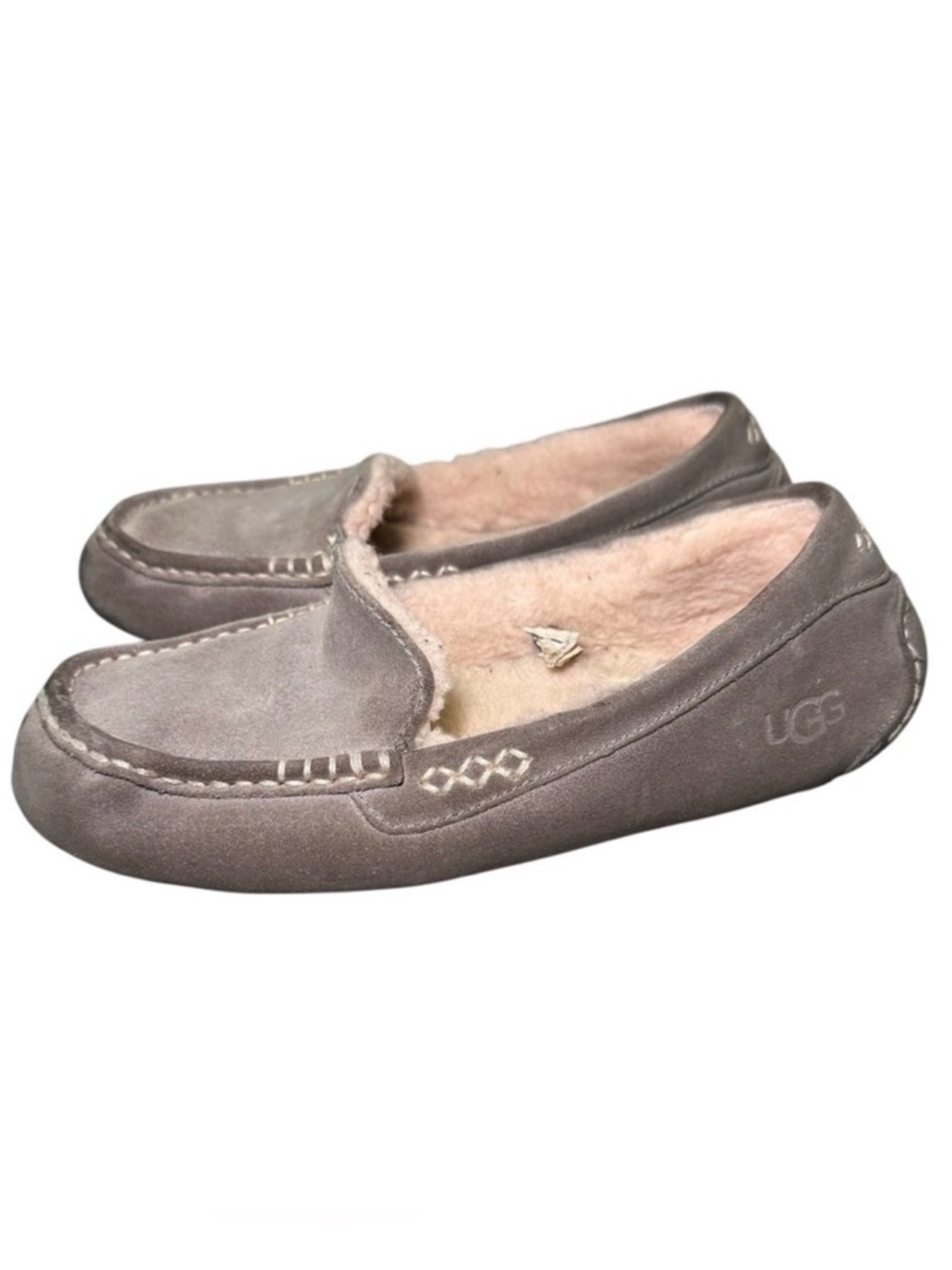 UGG Ansley Suede Shearling Moccasin Slippers Grey House Shoes Womens Size 9 M